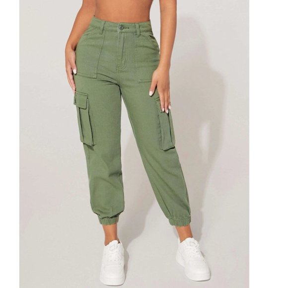 SHEIN Denim - SHEIN PETITE High Waist Flap Pocket Cargo Jeans in Army Green Size SP NWOT